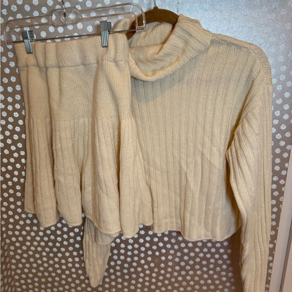 Oatmeal Ribbed Knit Sweater & Skirt Set Turtleneck Top Mini Skirt Cozy small - Picture 3 of 9